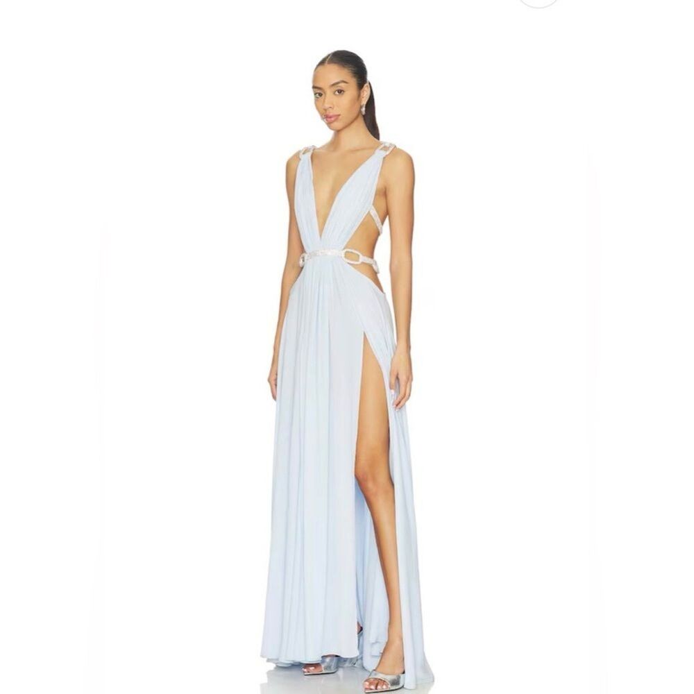 NEW Bronx Banco Brielle Powder Blue Diamond Gown Elegant Plunge Cutout dress, XS - Picture 5 of 16